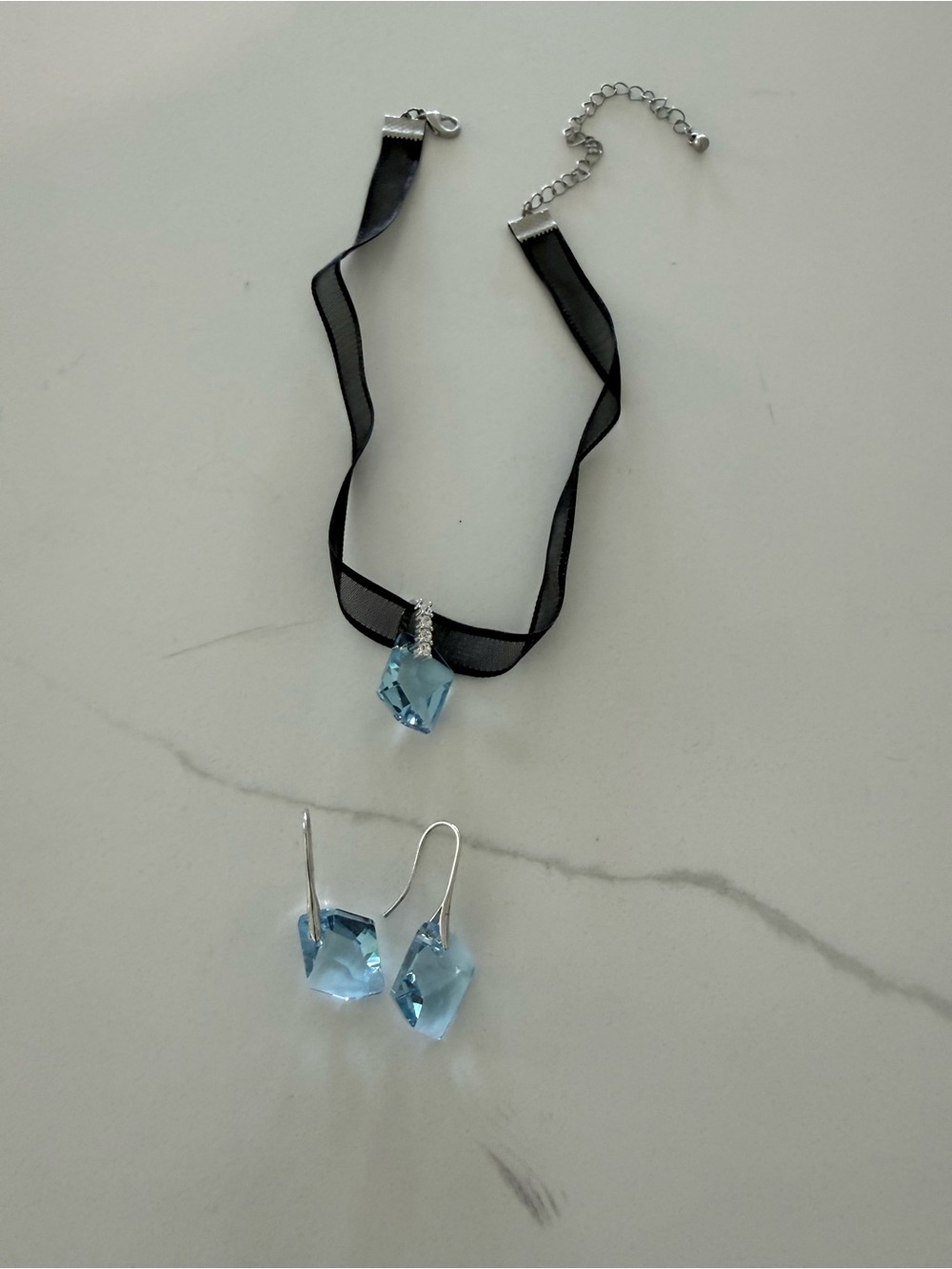 Blue Crystal Pendant Choker and Drop Earrings Set by